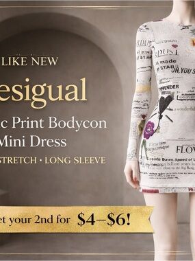 Desigual Graphic Print Bodycon Mini Dress Size L Stretch Long Sleeve Like New